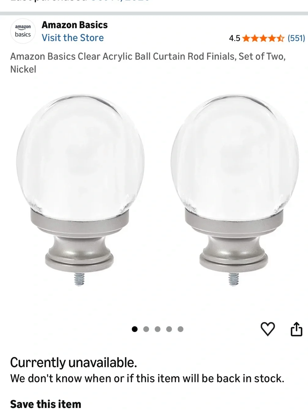 Set of 4 acrylic clear ball finials for curtain rods Amazon basics nickle glass